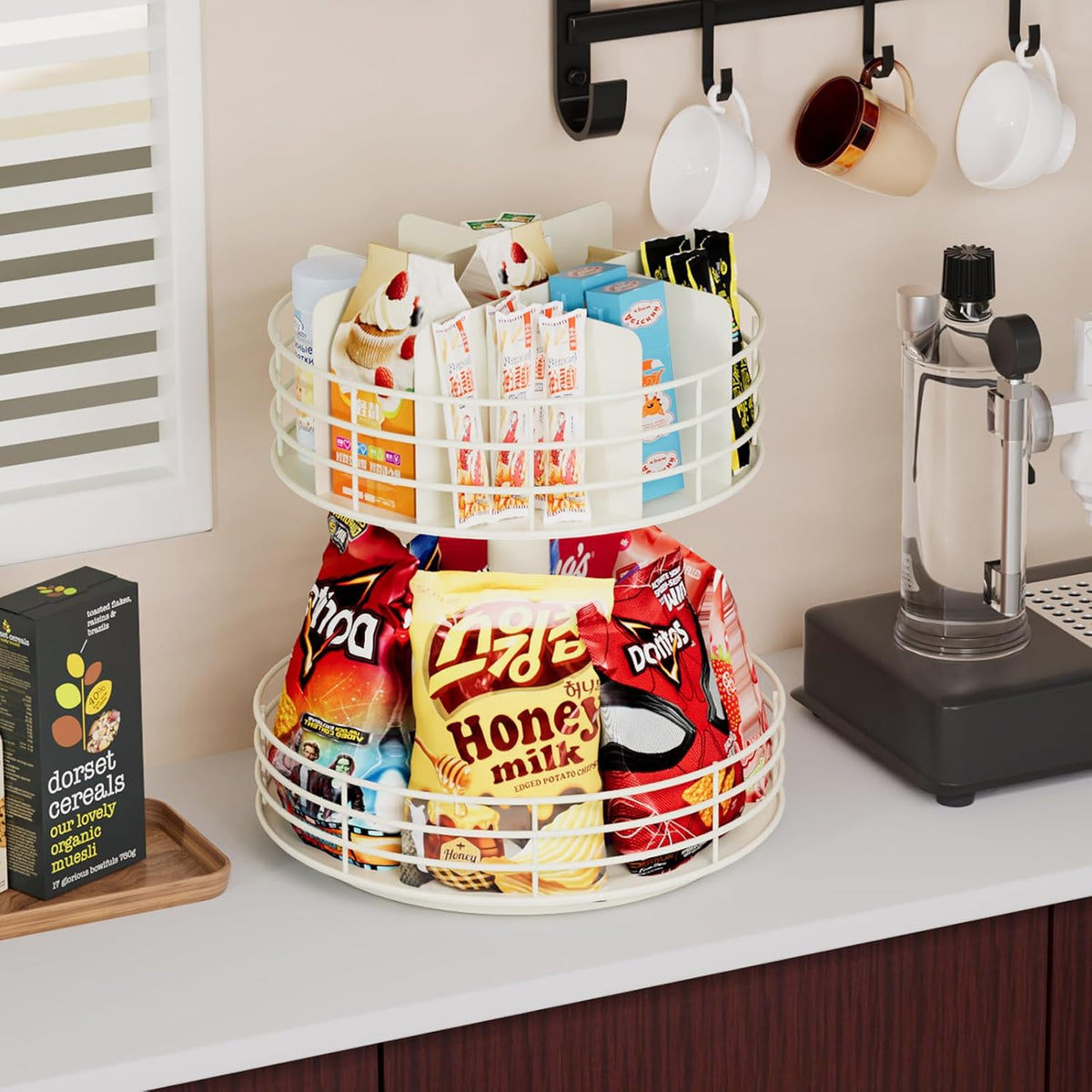 Snack Organizer - Versatile Snack Storage 2 Tier Lazy Susan with Convenient Grab-and-Go Design, Wood and Metal Snack Holder for Home, Office, Breakroom, 12.13" L x 12.13" W x 12.56" H