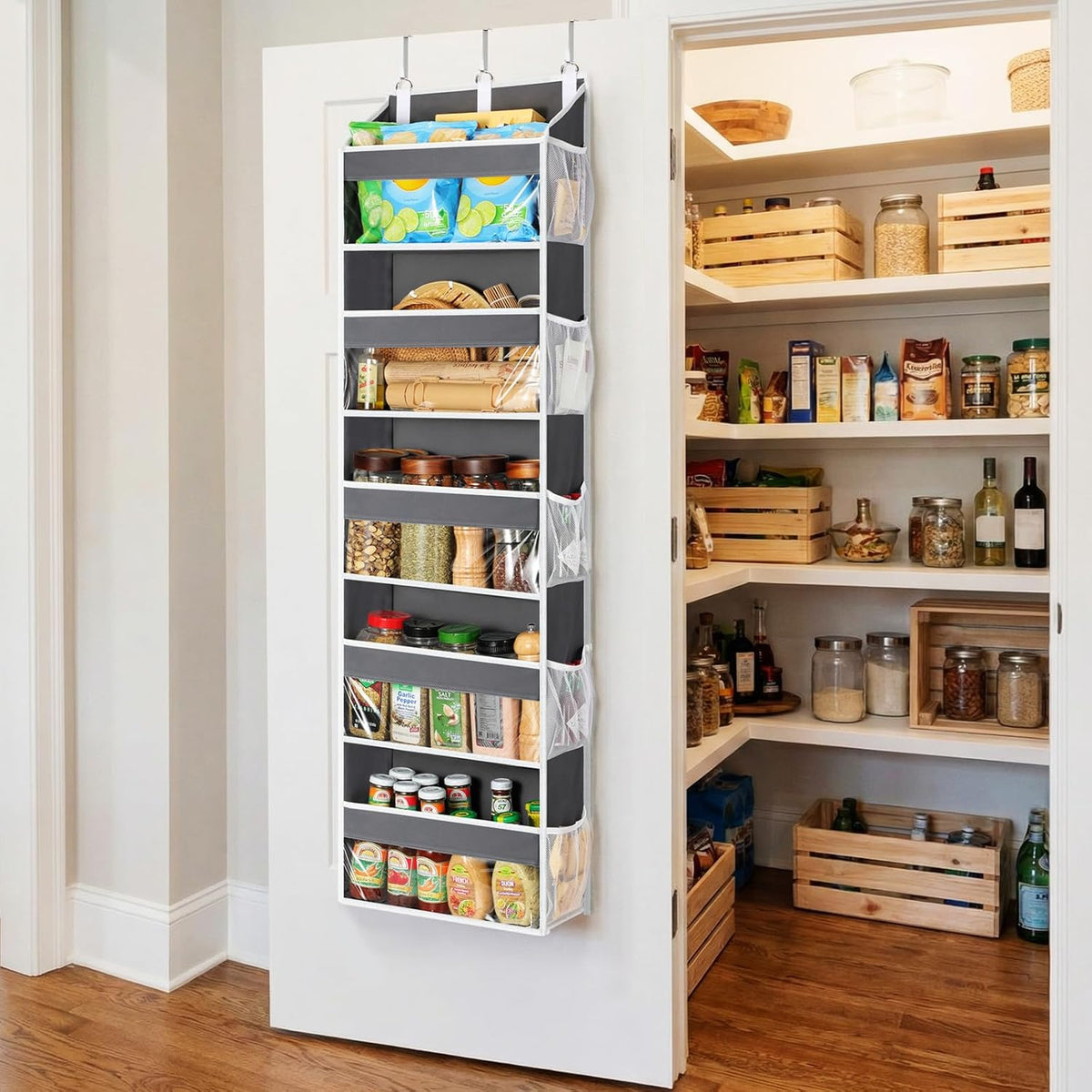 Yecaye Over the Door Organizer 5 Tiers, Heavy Duty Hanging Storage with 5 Large Clear PVC Pockets and 10 Side Pockets, 56lbs Capacity for Closet Door Bathroom Bedroom Nursery Dorm Laundry Room, Grey