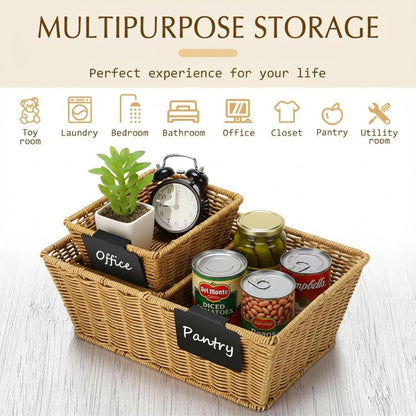 Marsui 6 Pcs Wicker Storage Baskets with Labels Handwoven Multi-size Brown Wicker Storage Bins for Organizing Small Baskets Container for Shelves Closet Pantry Toilet(Brown )