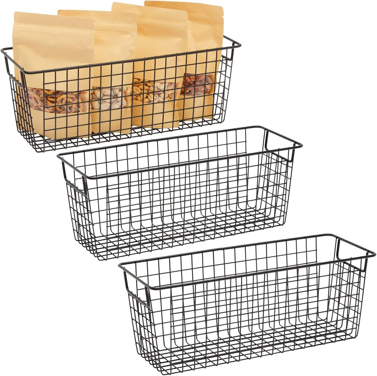 Farmlyn Creek Metal Wire Narrow Baskets - Rust-Resistant Pantry Organizer Storage - Sturdy Handles for Cabinet Organizer - Slim Profile for Narrow Storage - 3-Pack, 16 x 6 x 6 in, Black