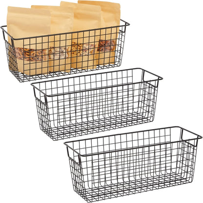 Farmlyn Creek Metal Wire Narrow Baskets - Rust-Resistant Pantry Organizer Storage - Sturdy Handles for Cabinet Organizer - Slim Profile for Narrow Storage - 3-Pack, 16 x 6 x 6 in, Black