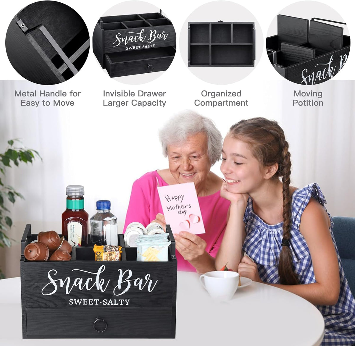 MINCORD Snack Organizer for Countertop, Wood Snack Basket Snack Tray with Handles, 5 Compartment Pantry Storage Bins with Drawer, Food Container Snack Box for Snacks, Chips, Packets
