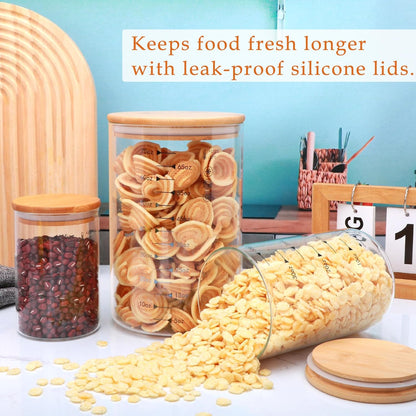 Glass Storage Containers with Lids,Glass Jars with Bamboo Lids, Canisters Set for Pasta, Nuts, Coffee Beans, Kitchen Pantry Organization Jar,Muti Size Set of 3,with Lables and Pen