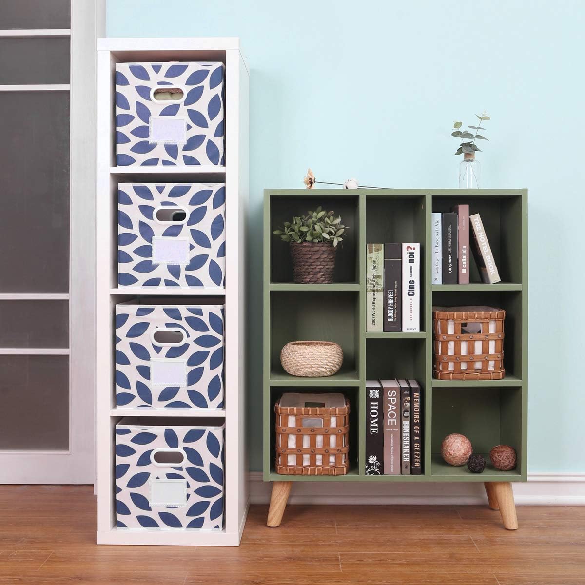 MAX Houser Fabric Storage Bins Cubes Baskets Containers with Dual Plastic Handles for Home Closet Bedroom Drawers Organizers, Flodable, Blue, Set of 4