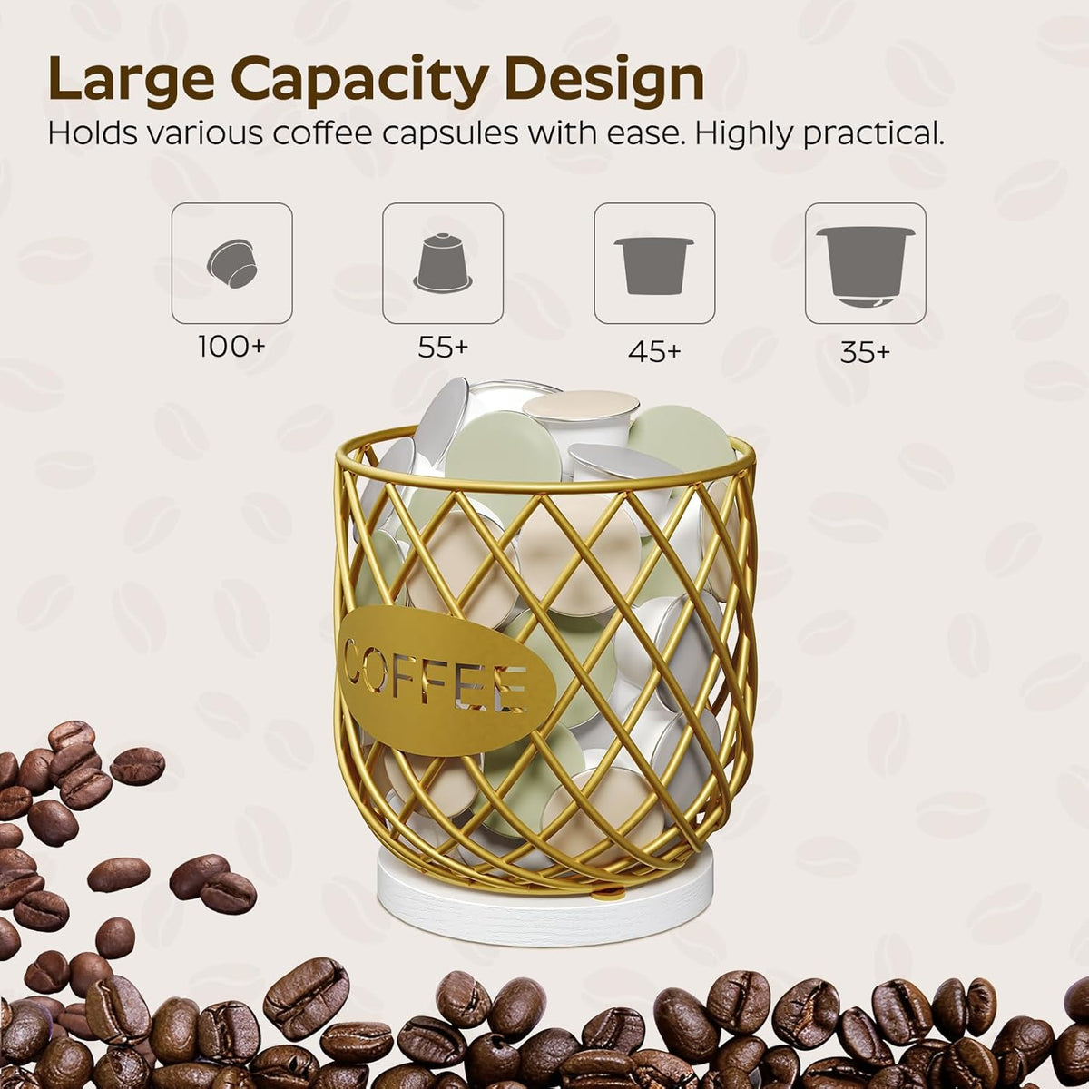 YATINEY Coffee Pod Holder Organizer, Holder for K Cup, Large Capacity Coffee Pod Basket, Versatile Coffee Capsule Storage Organizer, for Kitchen Countertop, Rustic Brown KH09BR