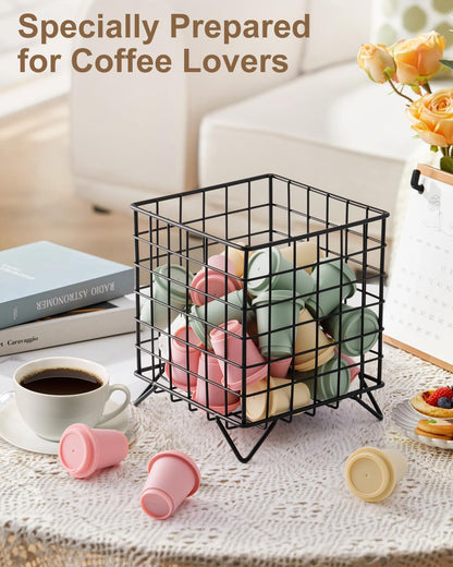 FantasyLife K Cup Holder Organizer, 5.3" x 5.3" x 6.3" Coffee Pod Storage Basket, Coffee Bar Accessories Metal Basket, Large Capacity Countertop Organizer for Kitchen Counter & Office Desktop (Gold)
