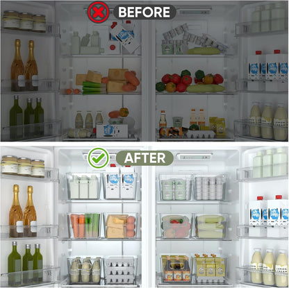 BALEINE Clear Plastic Storage Bins with 3 Removable Dividers, Pantry Organization, BPA Free Stackable Refrigerator Organizers and Storage for Kitchen Fridge Cabinet Bathroom (10.5x6.1x3.5, 4PK)