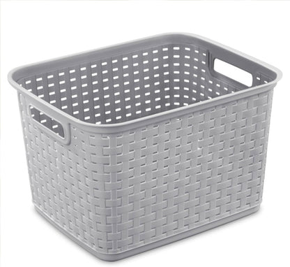 Sterilite Tall Weave Basket, Woven Plastic Storage Baskets for Organization, Cement Gray - Organizing Bin Containers with Handles for Bedroom, Bathroom, Dorm, Laundry Room, and Closet