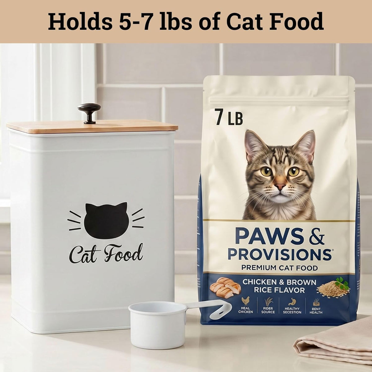 Cat Food Storage Container with Scoop - 5-7 lb (25 Cup) Capacity Metal Cat Food Container with Airtight Bamboo Lid and Metal Scoop - Airtight Pet Food Storage Containers 5 lb - 7 lb Kibble Container