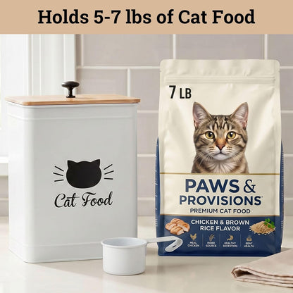 Cat Food Storage Container with Scoop - 5-7 lb (25 Cup) Capacity Metal Cat Food Container with Airtight Bamboo Lid and Metal Scoop - Airtight Pet Food Storage Containers 5 lb - 7 lb Kibble Container