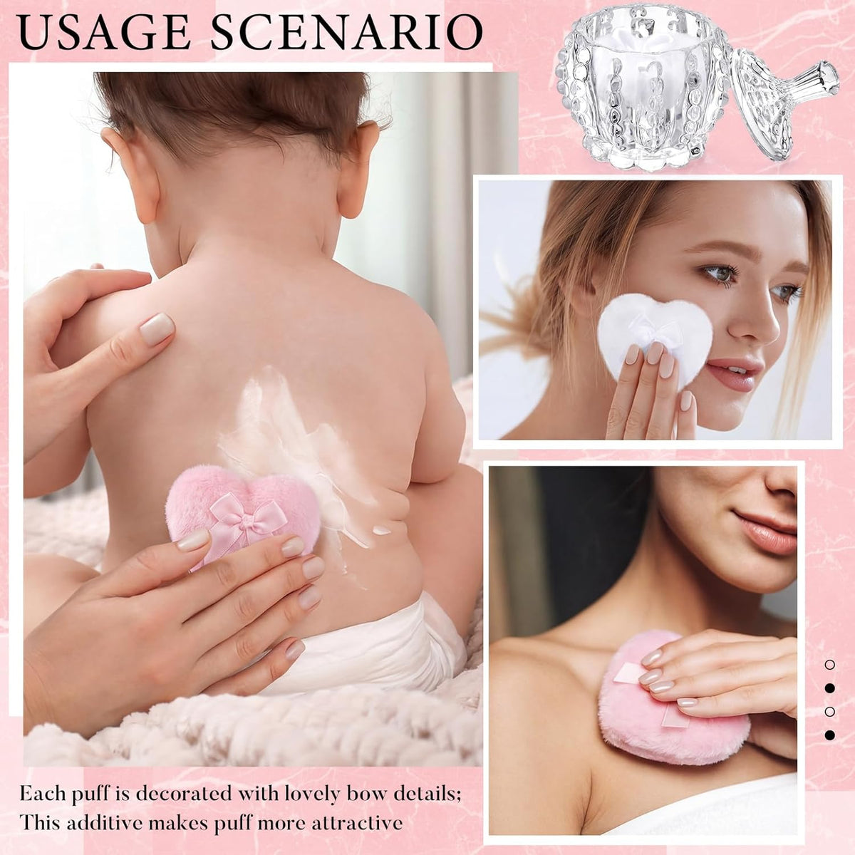 Tioncy 3 Pcs Large Body Powder Puff and Container Valentine's Day gift Powder Container with Puff Crystal Case Soft Washable Reusable Velour Face Body Glitter Wet Dry Makeup (Classic,Clear)
