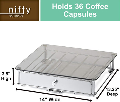 Nifty Rolling Coffee Pod Drawer - Glass Top & Chrome Finish, Compatible with K-Cups, 36 Pod Pack Holder, Compact Under Coffee Pot Storage Drawer, Slim Home Kitchen Counter Organizer