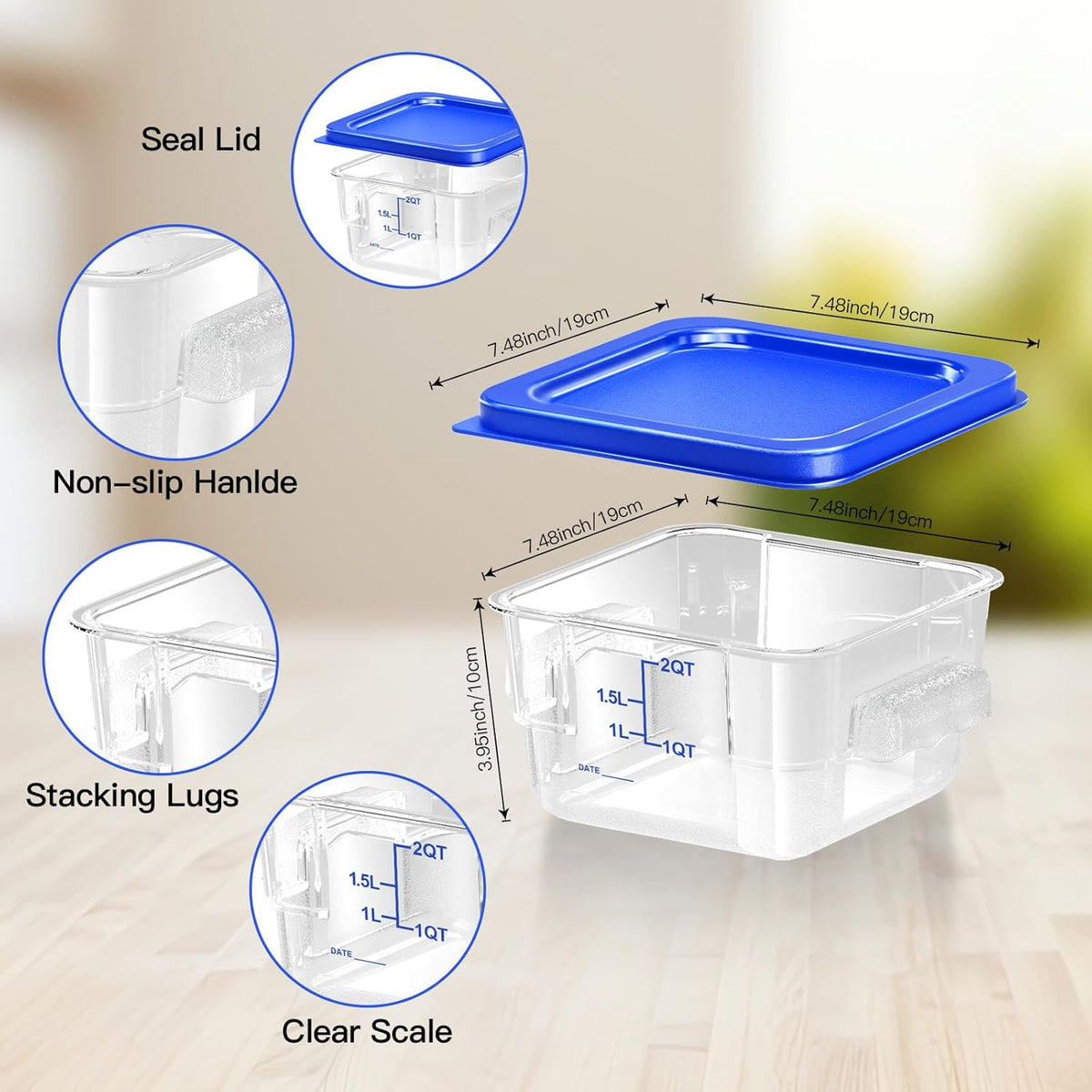 4 pcs 4qt Food Storage Containers with Lid, Square Clear Commercial Food Storage Containers with Handle and Scale for Food Storage in Home Kitchen & Dining (Green)