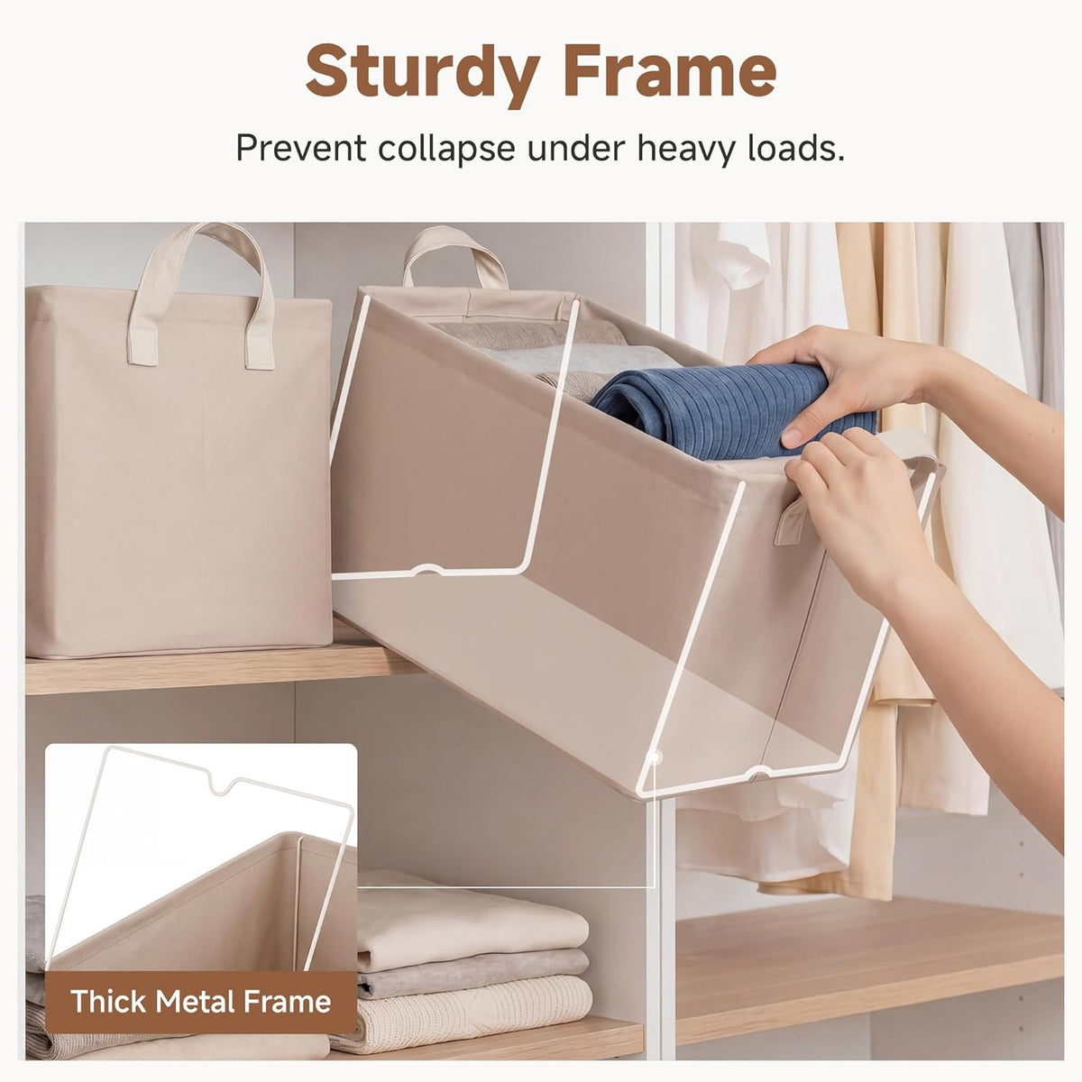 StorageWorks Storage Bins, Shelves Baskets for Organizing, Fabric Closet Organizers with Handles, Metal Frame, Beige-Cotton-linen, 2-Pack
