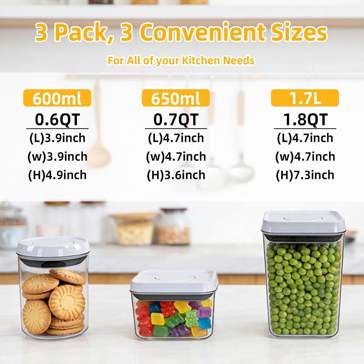 Pop Airtight Food Storage Containers with Lids, Push Button Seal BPA-Free for Kitchen Pantry Organization, 0.65Qt/0.7Qt/1.8Qt for Cereal, Flour, Sugar, Snacks Dry Food Storage