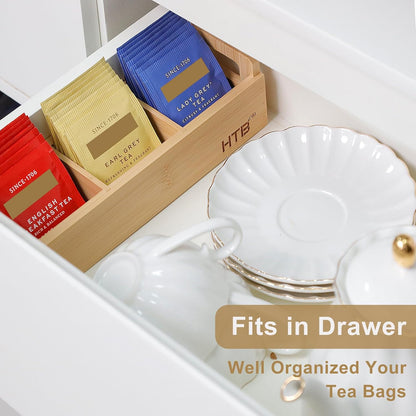 HTB Small Tea Bag Box Wooden, 3 Compartments Acacia Wood Tea Bag Chest with Handle, Mini Countertop Divided Storage Container for Beverage Supplies, Sugar, Sweeteners, Individual Packets