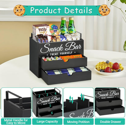 Snack Organizer for Countertop, Wood Pantry Storage Bins with Handles, Snack Bar Organizer for Kitchen, Office, 4 Compartment Food Container Snack Box with Drawer, Pantry Organizer for Chips, Candy