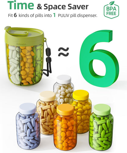PULIV Large Pill Bottle Organizer for Holding 6 Various Vitamins without Filling Hassle, Supplement Organizer for Travel, Anti-Mixing Pill Box Case with Wide Opening for Easy Pill Retrieval, 20 Labels