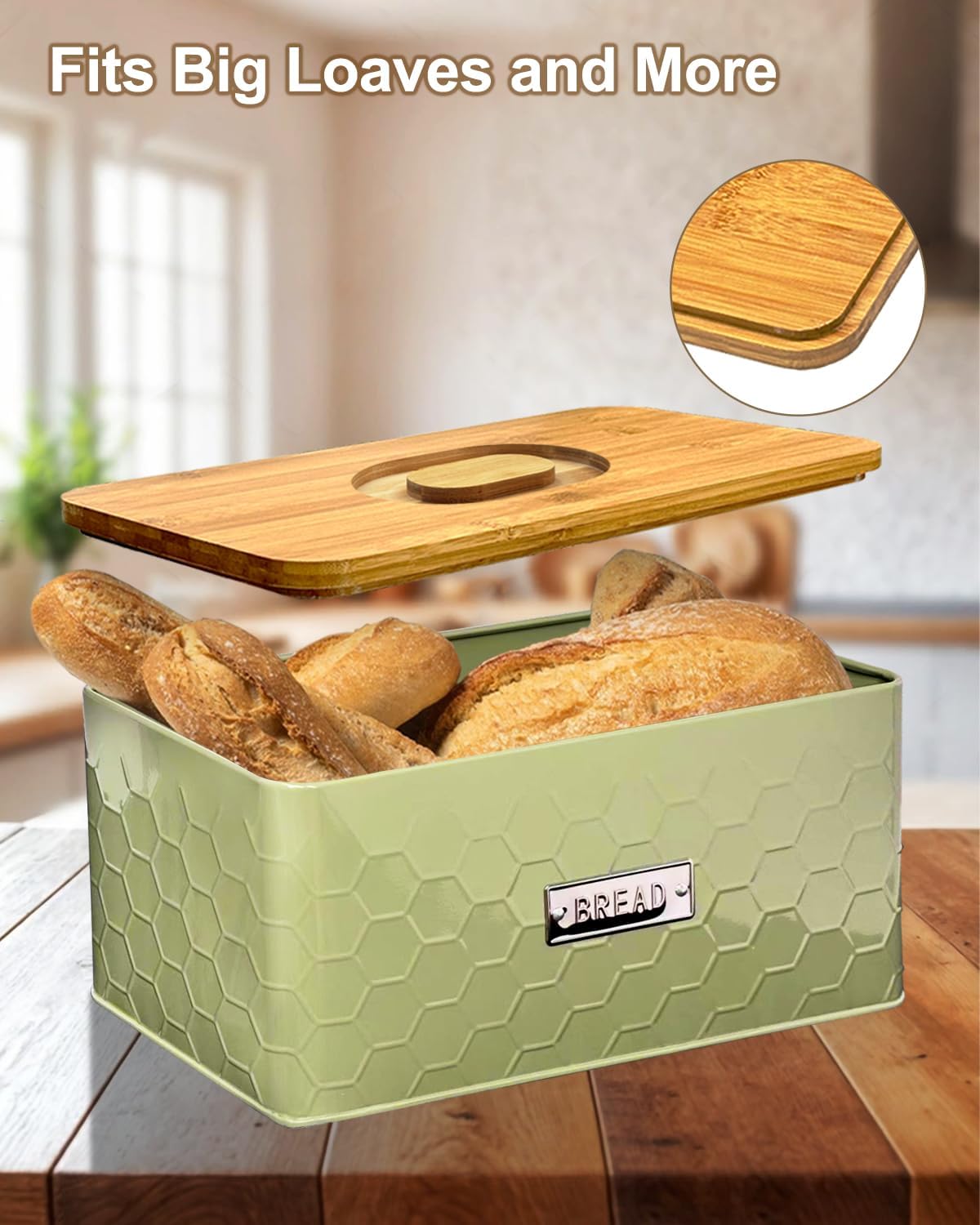 vensovo Bread Box for Countertop – Large White Metal Bread Bin with Bamboo Cutting Board Lid, Farmhouse Bread Storage Container for Homemade Bread, Baked Goods & Kitchen Counter Organization