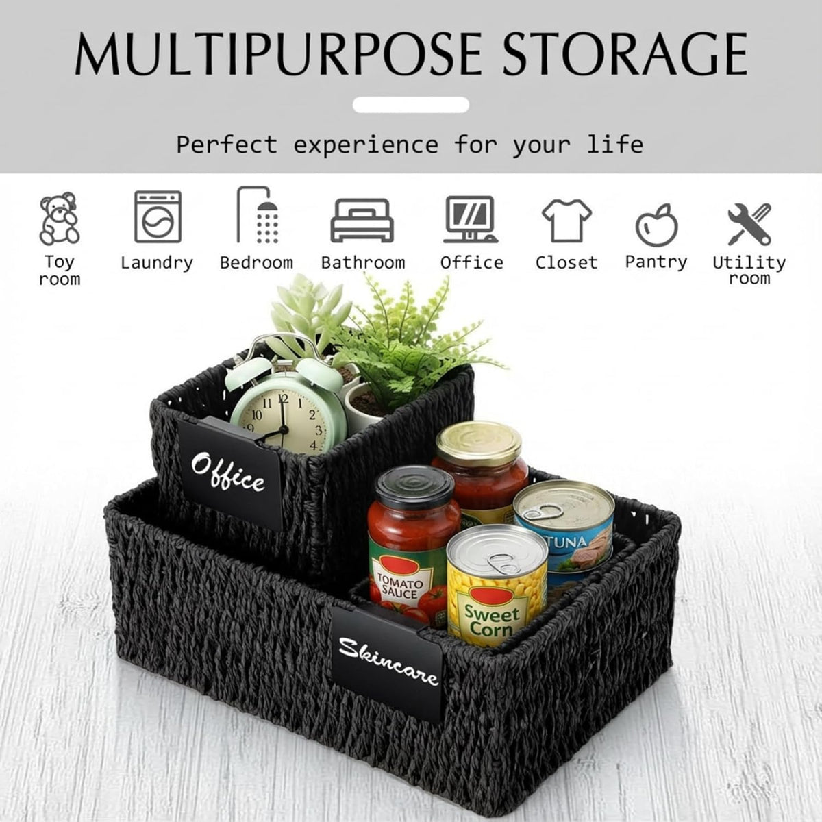 Marsui 6 Pcs Wicker Storage Baskets with Labels Handwoven Multi-size Brown Wicker Storage Bins for Organizing Small Baskets Container for Shelves Closet Pantry Toilet(Brown )