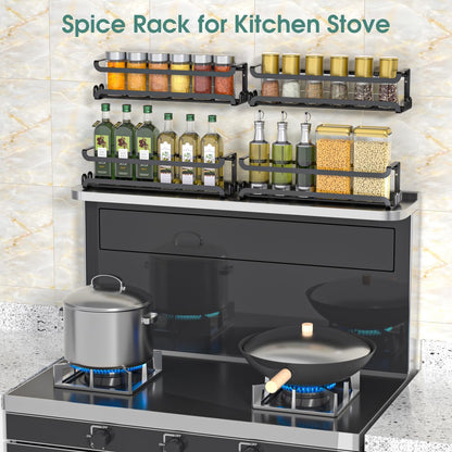LUCYCAZ Wall Mounted Spice Rack with 8 Hooks, Spice Organizer Shelf for Stove Cabinet Pantry Door,Screw or Adhesive Spice Shelf Hanging Wall Spice Rack in Kitchen and RV (Black)