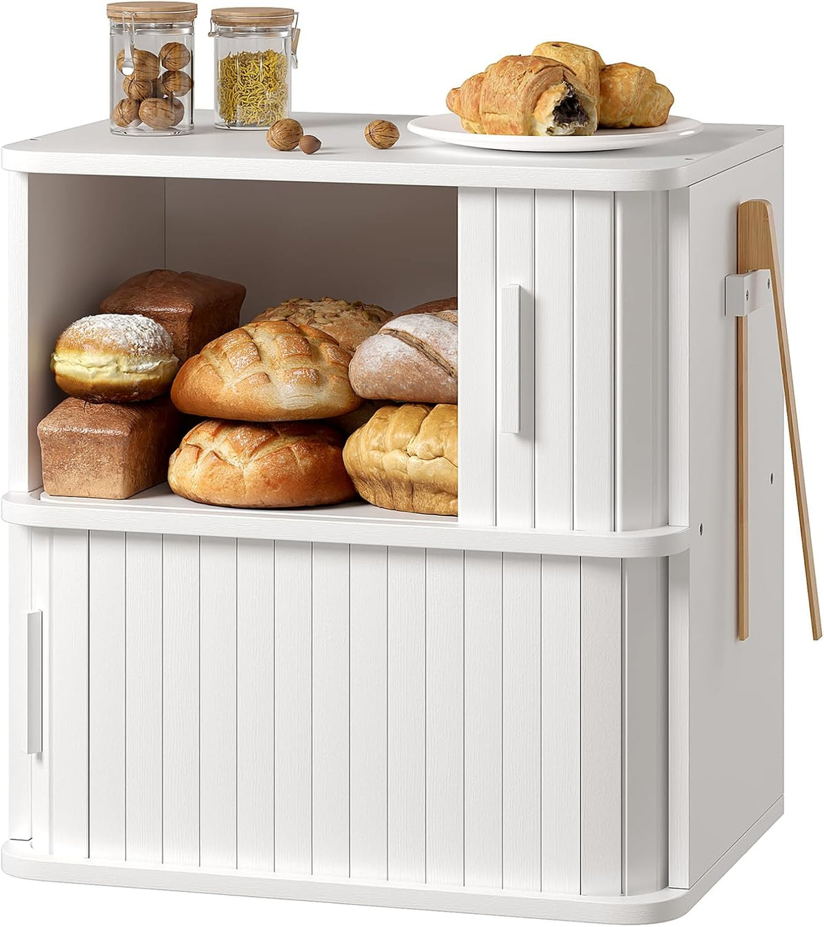 WOWLIVE Bread Box for Kitchen Countertop, Large Roll Top Bread Boxes with Sliding Door, Airtight Bread Storage Container for Loaves, Pastries & Bagels, Bamboo Counter Organizer (Natural, Medium)