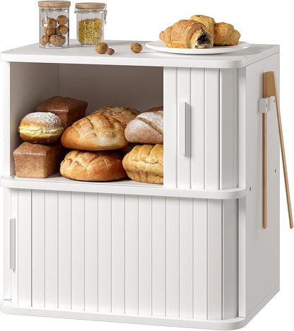 WOWLIVE Bread Box for Kitchen Countertop, Large Roll Top Bread Boxes with Sliding Door, Airtight Bread Storage Container for Loaves, Pastries & Bagels, Bamboo Counter Organizer (Natural, Medium)