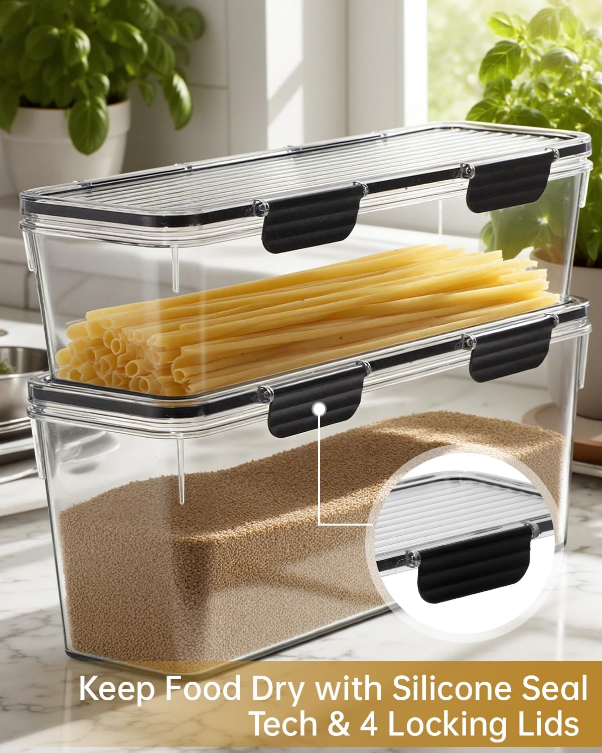 EORTA Set of 2 Spaghetti Pasta Storage Container with Lid, (3.6L/2.8L) Clear Kitchen Pantry Organizer for Noodles, Flour & Dry Food, Plastic Canisters Keeper Box with Black Cover, Size M/L (Black)