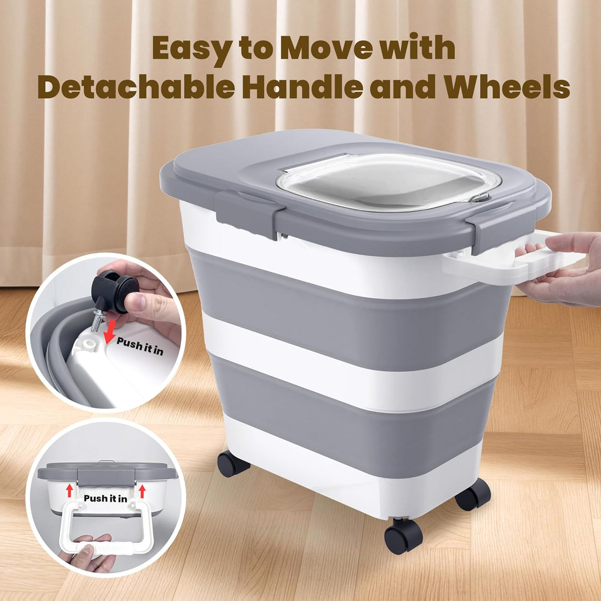 HOYTAMDA 20-30Lbs Rice Container,Collapsible Airtight Food Storage Containers with Wheels,Handle,Rice Storage Container with Small Bin and Scoop,Rice Dispenser for Flour Sugar Cereal Grain Dog Cat