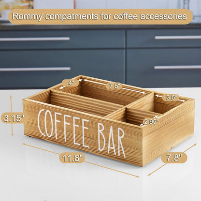 ALELION Coffee Station Organizer - Wood Countertop Accessories Organizer with Removable Dividers for Pods Condiment Syrup Tea Cups Stirrers - for Farmhouse Coffee Bar Decor