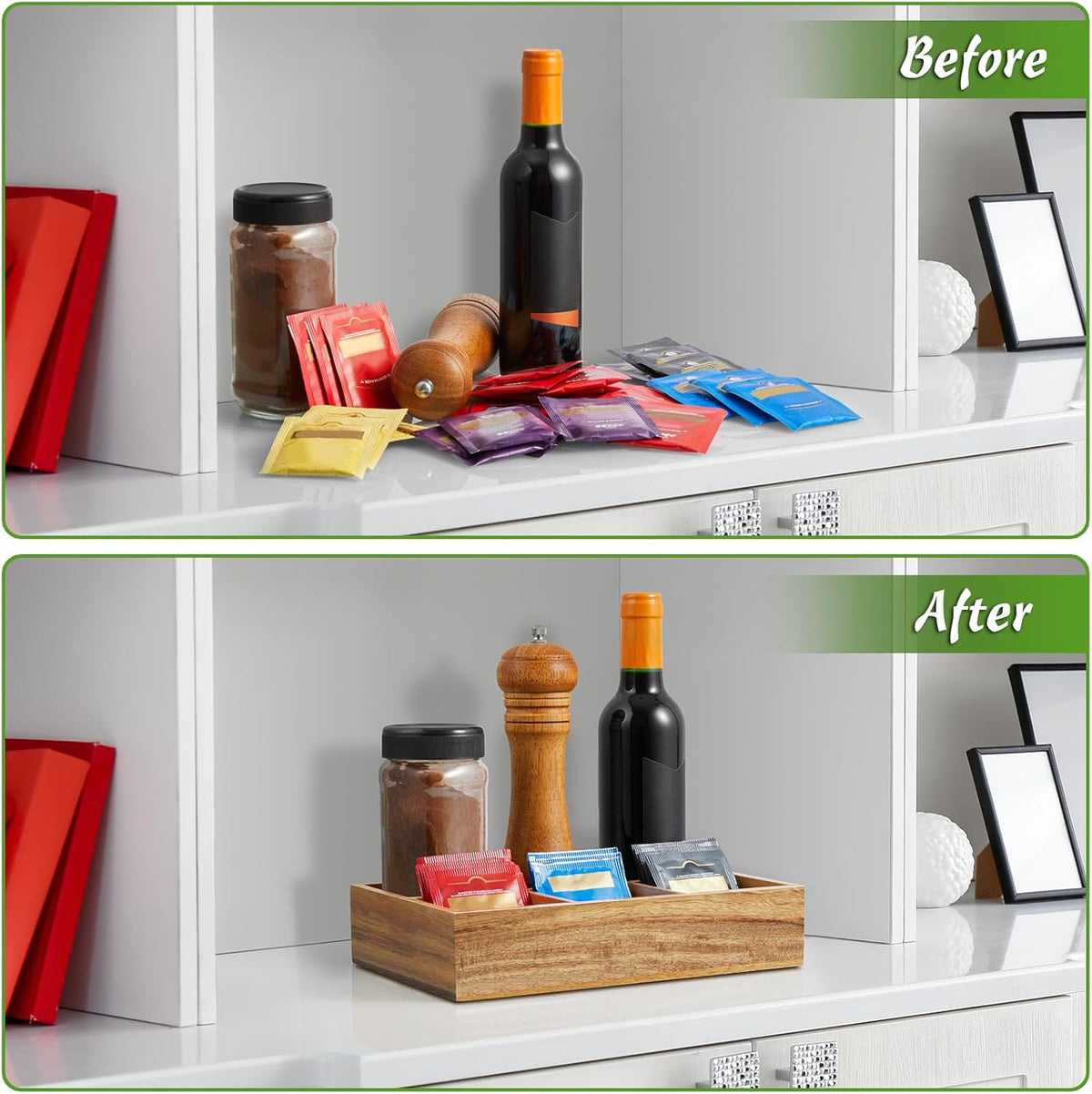 DRASTAR Tea Bag Organizer, Acacia Tea Bag Holder, Tea Storage Containers with 3 Slots, Wooden Tea Storage Accessories, Mini Tea Bag Caddy Box for Countertop