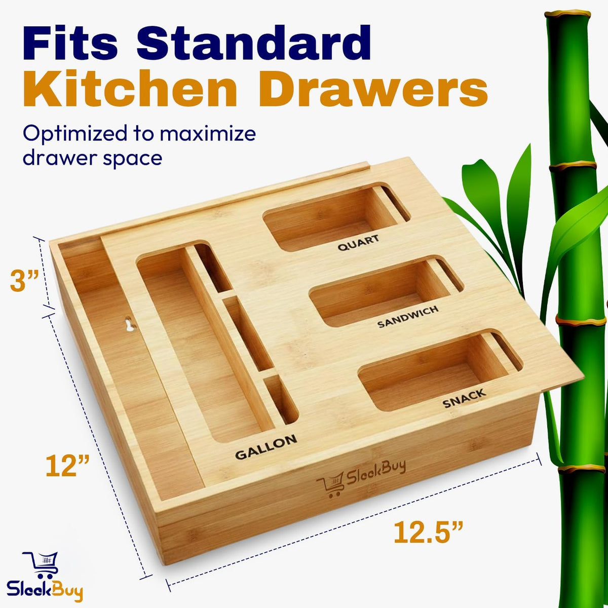 Storage Bag Organizer for Kitchen Drawer, Bamboo Bag Storage with 4 Slots, Plastic Bag Holder with Laser Engraved Labels & Screws, Space-Saving Kitchen Essential for Pantry, Apartment, and Home Use