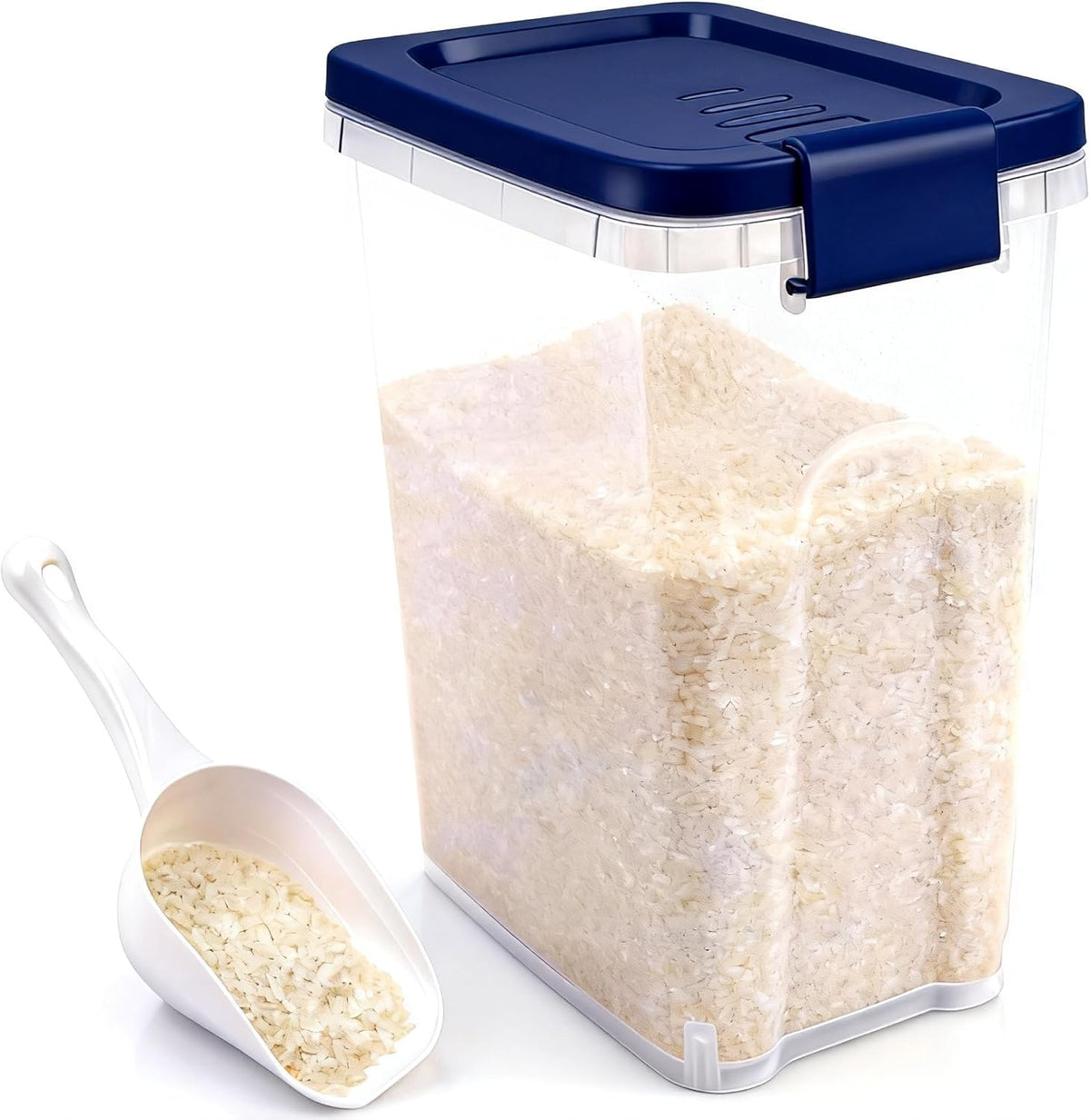 Tight-Lock Rice Container 10-15 Lbs - Airtight Flour Container with Scoop - Food-Grade Plastic Food Storage Container for Cereal, Sugar - Dry Food Dispenser for Kitchen, Pantry Organizers and Storage