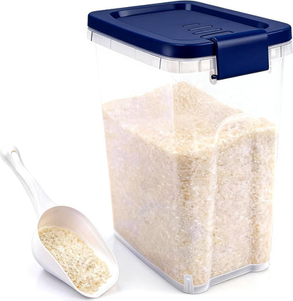 Tight-Lock Rice Container 10-15 Lbs - Airtight Flour Container with Scoop - Food-Grade Plastic Food Storage Container for Cereal, Sugar - Dry Food Dispenser for Kitchen, Pantry Organizers and Storage