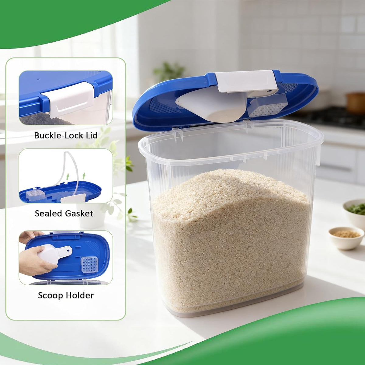 Large Rice Storage Container 15-20 Lbs, Tall Flour Container with Scoop + Cup - Slim Dry Food Storage Bin for Cereal, Sugar, Beans, Pet Dog Cat Food Container - Kitchen and Pantry Storage Organization