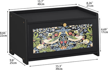 Trironsun Bread Box for Kitchen Counter Black Bread Storage Container with Acrylic Door William Morris Flower Bird Design Farmhouse Breadbox Organizer (Black)