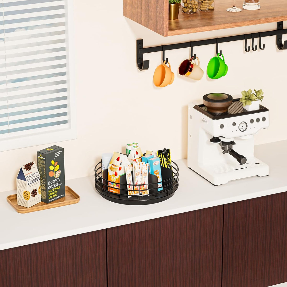 Snack Organizer - Versatile Snack Storage 2 Tier Lazy Susan with Convenient Grab-and-Go Design, Wood and Metal Snack Holder for Home, Office, Breakroom, 12.13" L x 12.13" W x 12.56" H