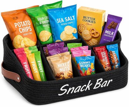 Snack Organizer for Pantry, Trapezoid Snack Organizer with Handles, 5 Compartment snack basket snack bar organizer, Cotton Rope Storage Basket for Kitchen Pantry Organization and Storage-Black