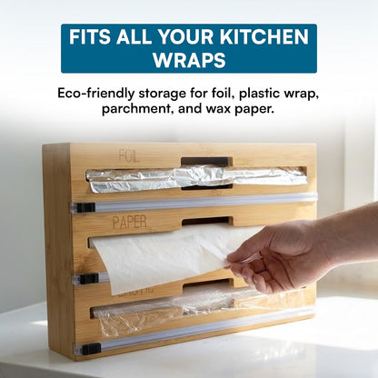 Honey Can Do 3-In-1 Bamboo Food Wrap Organizer With Safety Cutter | Plastic, Wax, Paper and Foil Holder KCH-09858 Natural