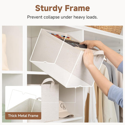 StorageWorks Storage Bins, Shelves Baskets for Organizing, Fabric Closet Organizers with Handles, Metal Frame, Beige-Cotton-linen, 2-Pack