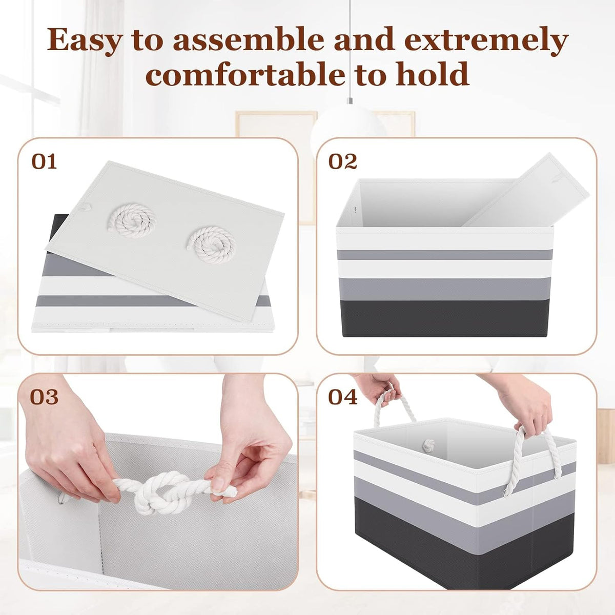 Fab totes Storage Bins, Foldable Storage Baskets for Organizing Toys, Books, Shelves, Closet, Large Storage Box with Rope Handles, Sturdy Organizer Bins, White & Grey