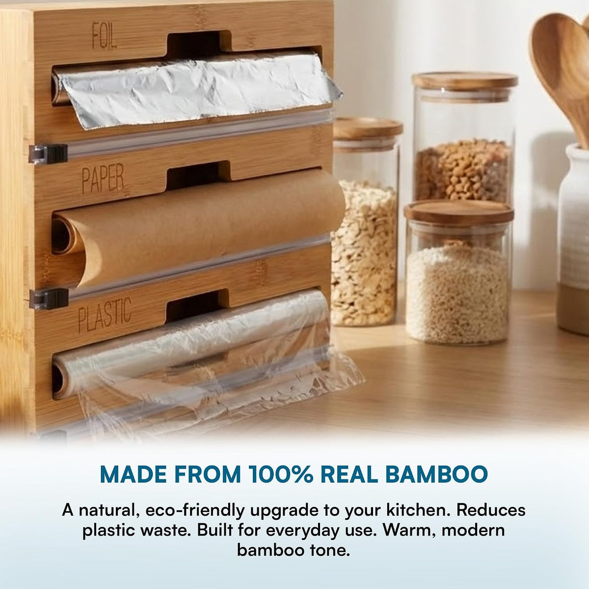 Honey Can Do 3-In-1 Bamboo Food Wrap Organizer With Safety Cutter | Plastic, Wax, Paper and Foil Holder KCH-09858 Natural