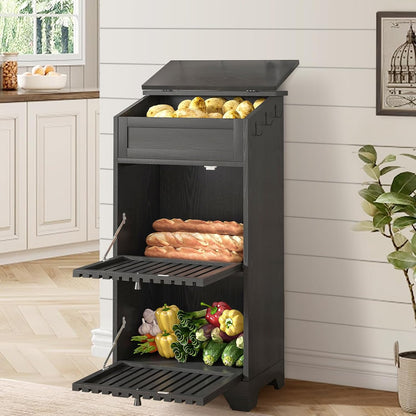 4 Tier Narrow Potato Storage Bin, Tall Wood Potato and Onion Storage Bin with Wheel, Movable Fruit and Vegetable Basket, Food Small Kitchen Pantry Cabinet, Wooden Bread Box, Walnut, Sliding Door