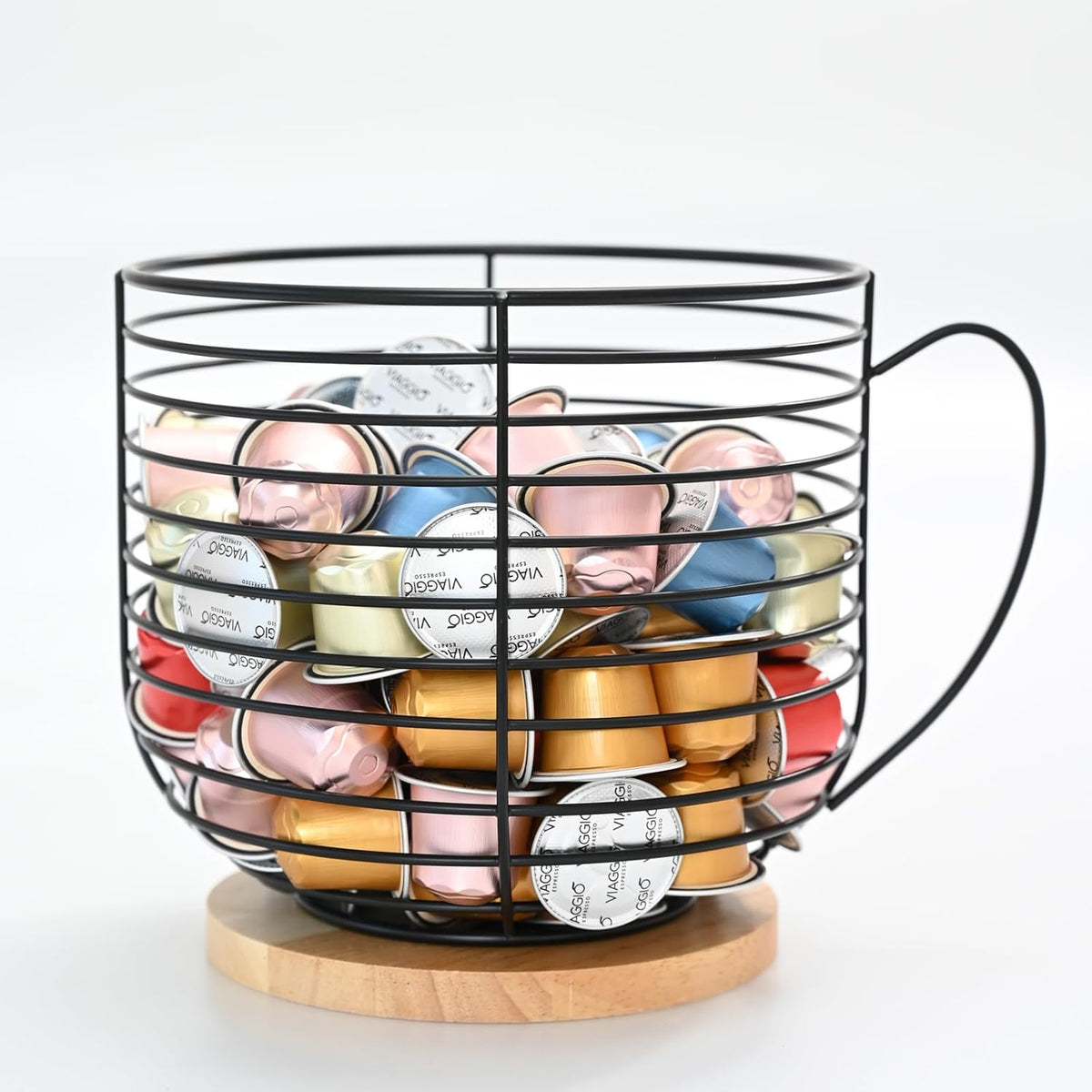 BYTEAIDREX Coffee Pod Holders for Counter - K Cup Holders for Counter - Coffee Pods Storage Organizer - Bar Accessories - Large Capacity Black Wire Kup Storage with Wooden Base.
