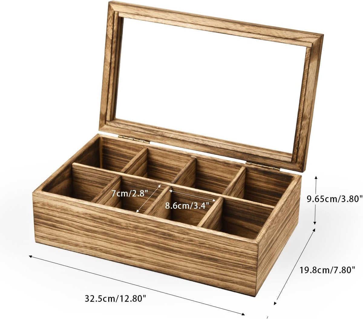 Alsonerbay Wooden Tea Box Tea Bag Holder Kitchen Storage Chest Box for Spice Pouches and Sugar Packets with 8 Compartments and Glass Window Weathered Black