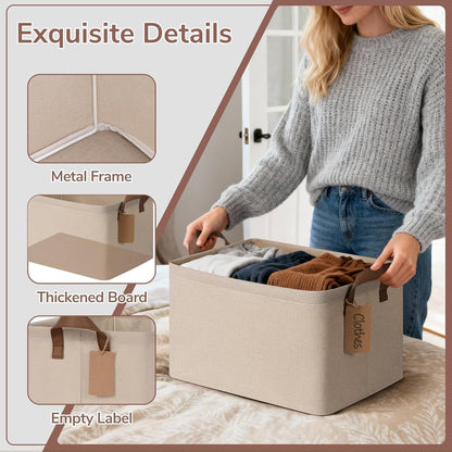 CHICVITA 4 Pack Large Storage Baskets for Shelves, Collapsible Closet Organizer Bins with Metal Frame, Fabric Storage Bins for Clothes Towels Organization, 16.8" x 11" x 9.8", Beige