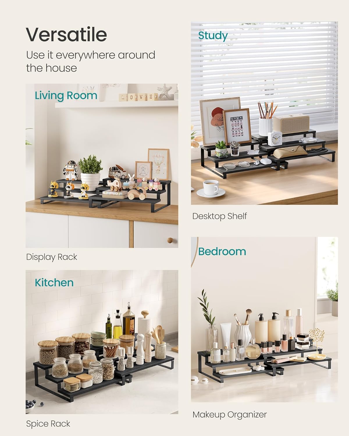 SONGMICS Display Risers, Set of 2 Engineered Wood Perfume Organizer Stand, 4-Tier Cupcake Stand Holder, Spice Rack, Shelf Risers for Figures, Dessert Shelves, Natural Beige and Cloud White UKCS216N02