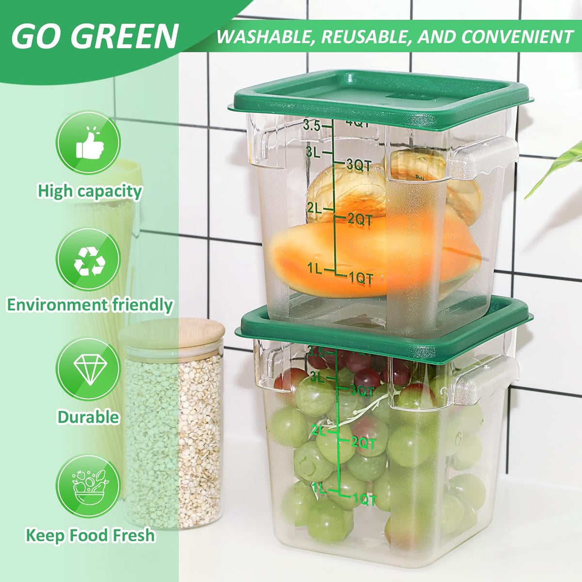 Yungyan 6 Pcs Commercial Clear Food Storage Containers 4 Qt Square Acrylic Airtight Food Storage Containers with Lids for Kitchen Restaurant Pantry Freezer Flour Sugar(Red)