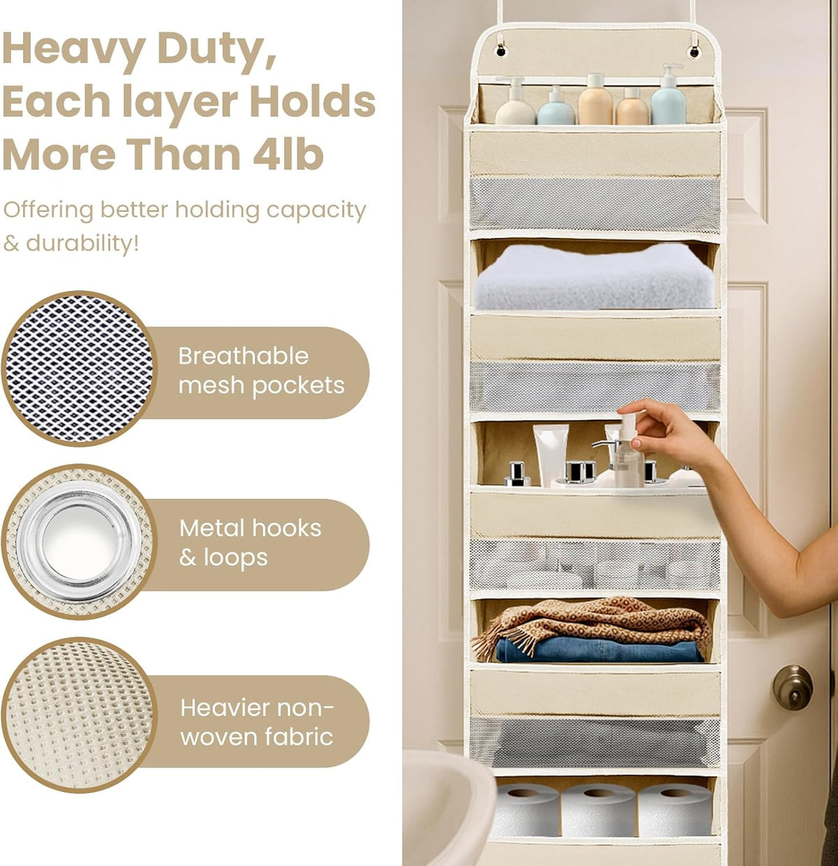 Over The Door Organizer with LifetimeWarranty, 4 Shelves & 4 Side Pockets, Large Storage Rack Holds 44lb, Heavy-Duty Reinforced Mesh Shelf for Bathroom, Closet, Toy Organization, Shoes, Towels, Grey