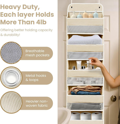 Over The Door Organizer with LifetimeWarranty, 4 Shelves & 4 Side Pockets, Large Storage Rack Holds 44lb, Heavy-Duty Reinforced Mesh Shelf for Bathroom, Closet, Toy Organization, Shoes, Towels, Grey